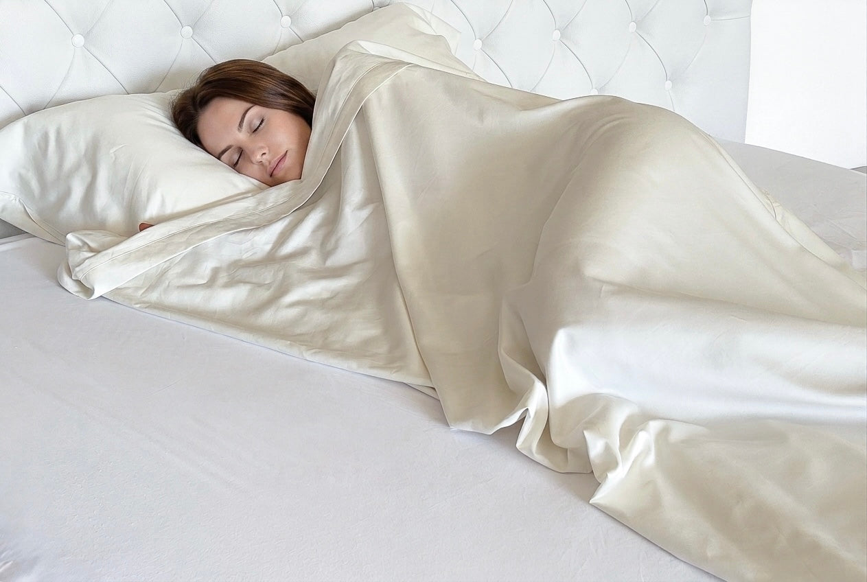 Woman resting peacefully wrapped in the UpsideLuxe Sleep Sack, a cream Supima cotton sateen travel bedding layer, against a white tufted headboard